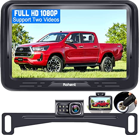 Backup Camera for Car HD 1080P with Monitor Kit License Plate Hitch Rear View Camera for Cars Trucks SUVs Campers Two Video Channels Support 2nd Camera for Baby Car Mirror Camera - Rohent R1