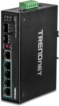 Load image into Gallery viewer, TRENDnet 6-Port Hardened Industrial Gigabit PoE+ DIN-Rail Switch, 4 x Gigabit PoE+ Ports, Shared Gigabit Port (RJ-45/SFP), Dedicated SFP, 120W Power Budget, IP30, Lifetime Protection, Black, TI-PG62
