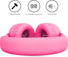 Load image into Gallery viewer, PuroBasic Volume Limiting Wired Headphones for Kids, Boys, Girls 2+ Foldable &amp; Adjustable Headband w/Built-in Microphone, Compatible with iPad, iPhone, Android, PC &amp; Mac – by Puro Sound Labs, Pink
