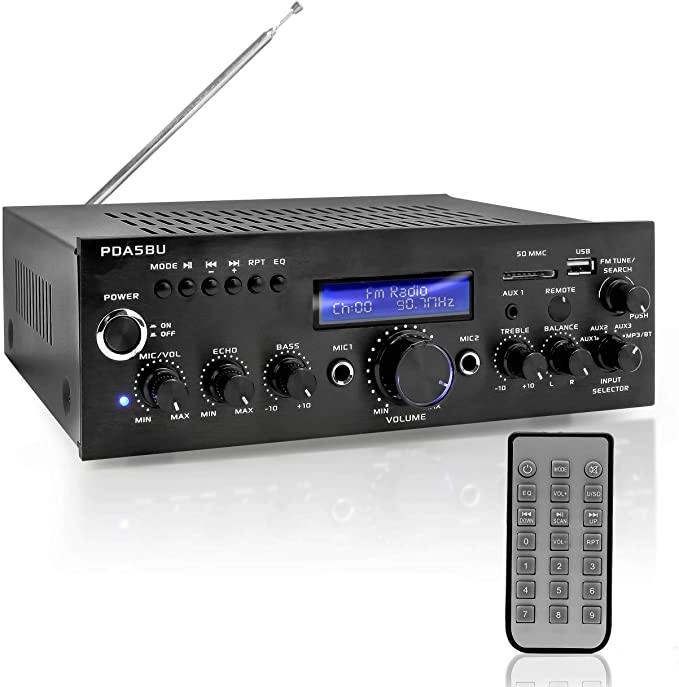 Pyle PDA5BU.0 200W Audio Stereo Receiver-Wireless Bluetooth Power Amplifier Home Entertainment System w/AUX in, USB Port, 2 Karaoke Microphone Input, Remote , Black