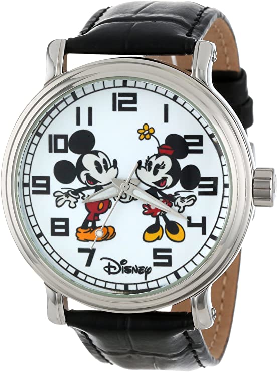 Disney Men's W001012 Vintage Mickey and Minnie Mouse Black Leather Strap Watch