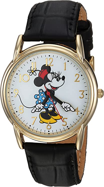 DISNEY Women's Minnie Mouse Analog-Quartz Watch with Leather-Synthetic Strap, Black, 18 (Model: WDS000410)