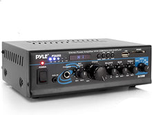 Load image into Gallery viewer, Home Audio Power Amplifier System - 2X120W Dual Channel Mixer Sound Stereo Receiver Box w/RCA, USB, AUX, Headphone, Mic Input, LED - for PA, Theater, Home Entertainment, Studio Use - Pyle PTAU55
