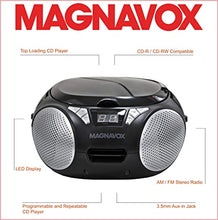 Load image into Gallery viewer, Magnavox MD6924 Portable Top Loading CD Boombox with AM/FM Stereo Radio in Black | CD-R/CD-RW Compatible | LED Display | AUX Port Supported | Programmable CD Player |
