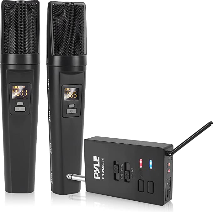 Portable Dual Wireless Microphone System | Rechargeable Battery, Easy Carry Mic & Receiver Set - Included 2 Handheld Transmitter, 1 Receiver, ¼ Plug for PA Karaoke - Pyle PDWM2234 (Black)