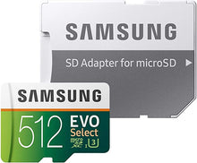 Load image into Gallery viewer, SAMSUNG EVO Select Micro SD Memory Card with Adapter, 512GB microSDXC UHS-I U3 100MB/s Full HD &amp; 4K UHD for Photos, Videos, Music Storage, MB-ME512HA

