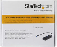 Load image into Gallery viewer, StarTech.com 4 Port USB 3.0 Hub - USB-A to 4x USB 3.0 Type-A with Individual On/Off Port Switches - SuperSpeed 5Gbps USB 3.1/3.2 Gen 1 - USB Bus Powered - Portable - 9.8&quot; Attached Cable (HB30A4AIB)
