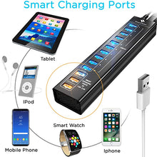 Load image into Gallery viewer, SmartDelux Powered USB Hub - 13-Port USB 3.0 Hub with 10 USB 3.0 Ports, 3 Smart Charging Ports, Power Adapter, Long Cord, LEDs - Black Aluminum
