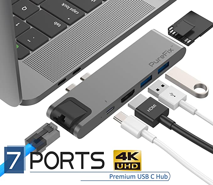 PureFix USB C Hub Adapter, 7-in-2 Extension with Gigabit Ethernet, 4K HDMI, Type- C 100W PD & 40Gbps, 2 USB-A 3.0, SD & MicroSD/TF Card Reader for 2016-2020 MacBook Pro 13' 15' 16' & 2020 MacBook Air