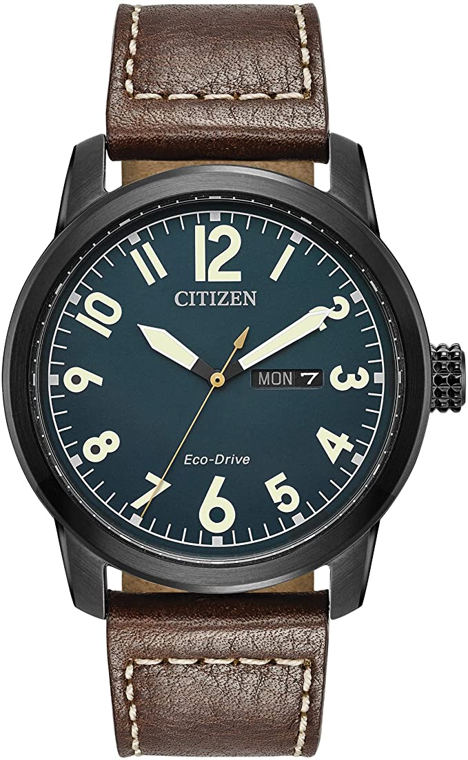 Citizen Eco-Drive Garrison Quartz Mens Watch, Stainless Steel with Leather strap, Field watch, Brown (Model: BM8478-01L)