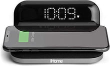 Load image into Gallery viewer, iHome iW18 Compact Digital Alarm Clock with USB and Qi Wireless Charging for iPhone 13, 13 Pro ,13 Mini 12,11, XR, XS, X, 8, Galaxy S20, Z Flip, Fold, S10, S9, S8, Note 10, 9 and More (Black)
