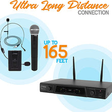 Load image into Gallery viewer, Pyle, 2 Dual Channel Wireless Microphone System-Portable VHF Audio Mic Set with Clip Lavalier Lapel, Handheld, Headset, Transmitter, ?Ã†Ã† Cable, Power Adapter-for Karaoke, PA DJ Pro PDWM2115, Black
