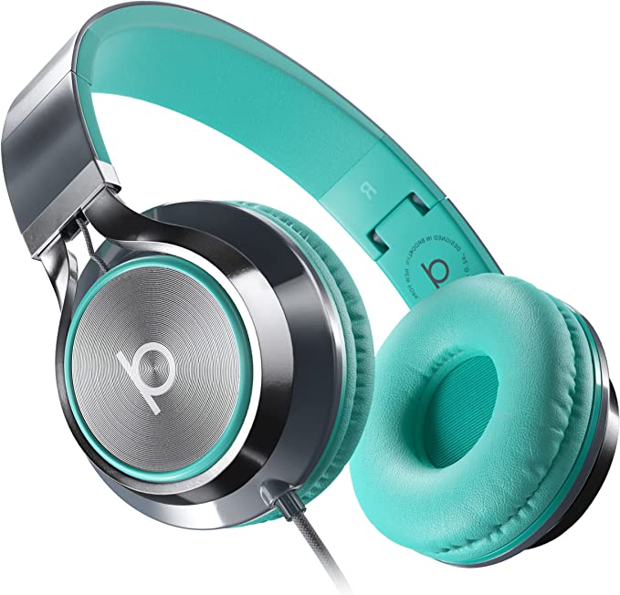 Artix CL750 Foldable Noise Isolating On Ear Headphones Wired with Microphone and Volume Control, Stereo Head Phones Corded with Adjustable Headband for Computer, Laptop and Cell Phone (Turquoise/Gray)