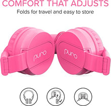 Load image into Gallery viewer, PuroBasic Volume Limiting Wired Headphones for Kids, Boys, Girls 2+ Foldable &amp; Adjustable Headband w/Built-in Microphone, Compatible with iPad, iPhone, Android, PC &amp; Mac – by Puro Sound Labs, Pink
