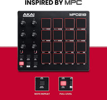 Load image into Gallery viewer, AKAI Professional MPD218 - USB MIDI Controller with 16 MPC Drum Pads, 6 Assignable Knobs, Note Repeat &amp; Full Level Buttons and Production Software
