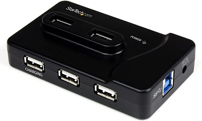 StarTech.com 7 Port USB Hub - 2 x USB 3A, 4 x USB 2A, 1 x Dedicated Charging Port - Multi Port Powered USB Hub with 20W Power Adapter (ST7320USBC) Black