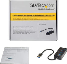 Load image into Gallery viewer, StarTech.com 4 Port USB 3.0 Hub - USB-A to 4x USB 3.0 Type-A with Individual On/Off Port Switches - SuperSpeed 5Gbps USB 3.1/3.2 Gen 1 - USB Bus Powered - Portable - 9.8&quot; Attached Cable (HB30A4AIB)
