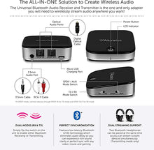 Load image into Gallery viewer, Aluratek ABC02F Bluetooth Audio Receiver and Transmitter, 2-in-1 Wireless 3.5mm, AUX, Optical Audio Adapter, Pairing with 2 Bluetooth Headphones Simultaneously in Transmitter Mode
