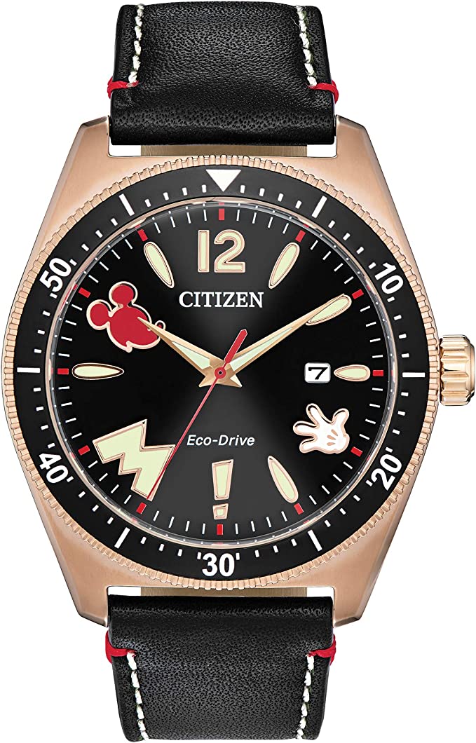 Citizen Eco-Drive Disney Quartz Mens Watch, Stainless Steel with Leather strap, Mickey Mouse, Black (Model: AW1596-08W)