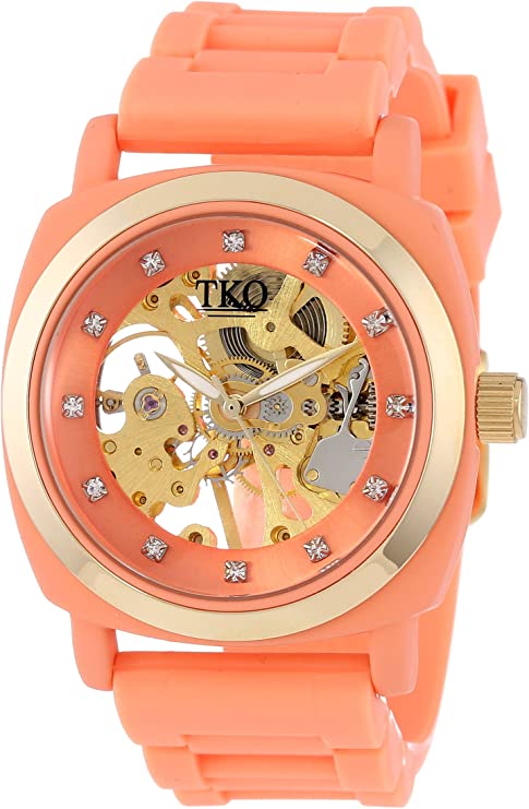 TKO ORLOGI Women's TK626PC Milano Peach Rubber Mechanical Movement Skeleton Watch