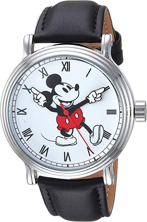 Disney Men's Mickey Mouse Analog-Quartz Watch with Leather-Synthetic Strap, Black, 21.3 (Model: WDS000609)