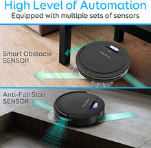 Load image into Gallery viewer, Pure Clean Robot Vacuum Cleaner - Upgraded Lithium Battery 90 Min Run Time - Automatic Bot Self Detects Stairs Pet Hair Allergies Friendly Robotic Home Cleaning for Carpet Hardwood Floor - PUCRC26B V2
