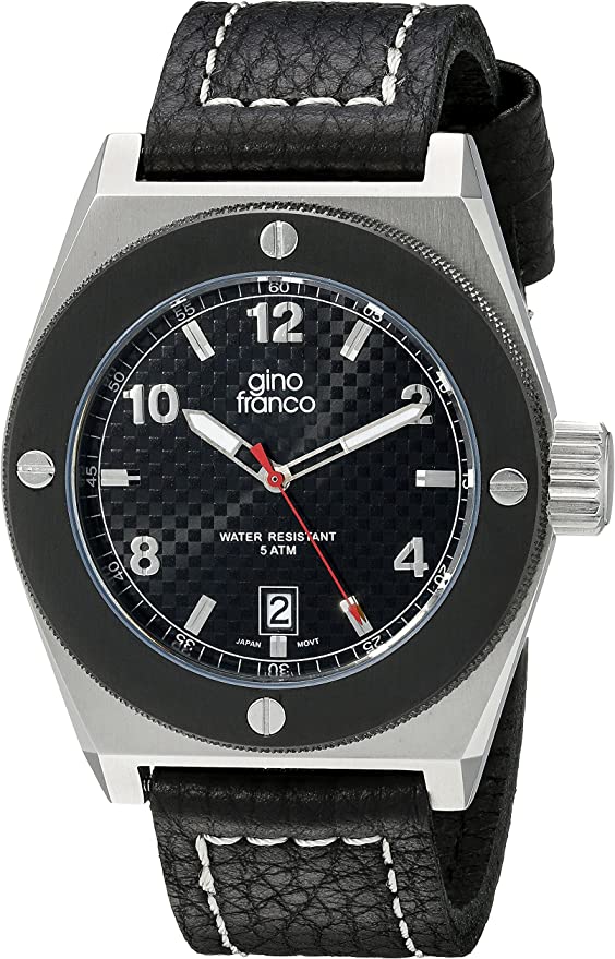 gino franco Men's 9658BK Round black PVD Plated Stainless Steel Calf Leather Strap Watch