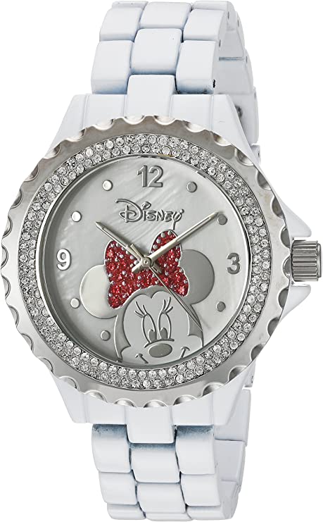 Disney Minnie Mouse Women's Enamel Sparkle White Alloy Watch, Silver Bezel, White Bracelet, W002895