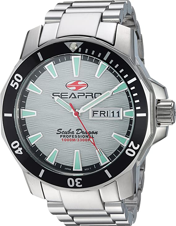 Seapro Men's Scuba Dragon Stainless Steel Quartz Watch with Stainless-Steel Strap, Silver, 23.5 (Model: SP8312S)