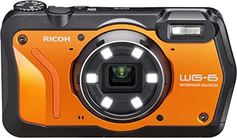 Ricoh WG-6 Orange Waterproof Camera 20MP Higher Resolution Images 3-Inch LCD Waterproof 20m Shockproof 2.1m Underwater Mode 6-LED Ring Light for Macro Photography