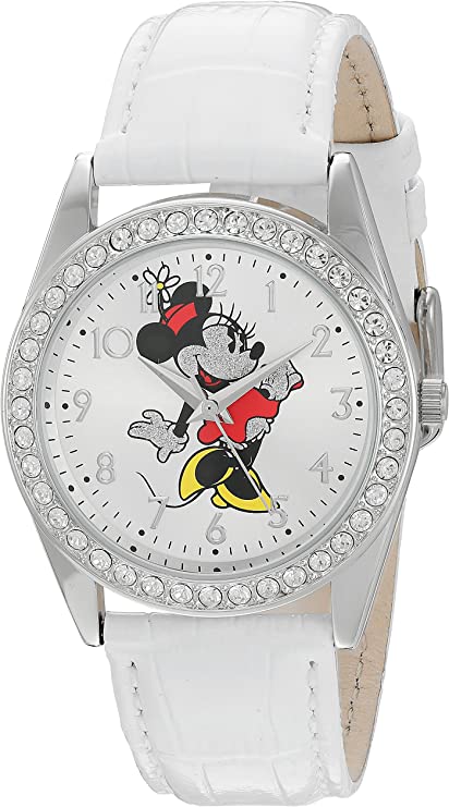 Disney Minnie Mouse Women's Silver Alloy Glitz Watch, White Leather Strap, W002764