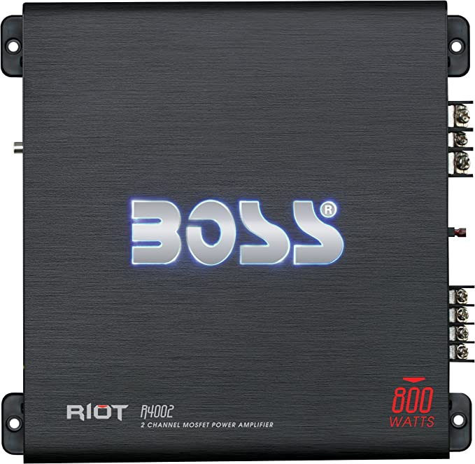 BOSS Audio Systems R4002 - Riot 800 Watt, 2 Channel, 2 4 Ohm Stable Class AB, Full Range, Bridgeable, Mosfet Car Amplifier with Remote Subwoofer Control