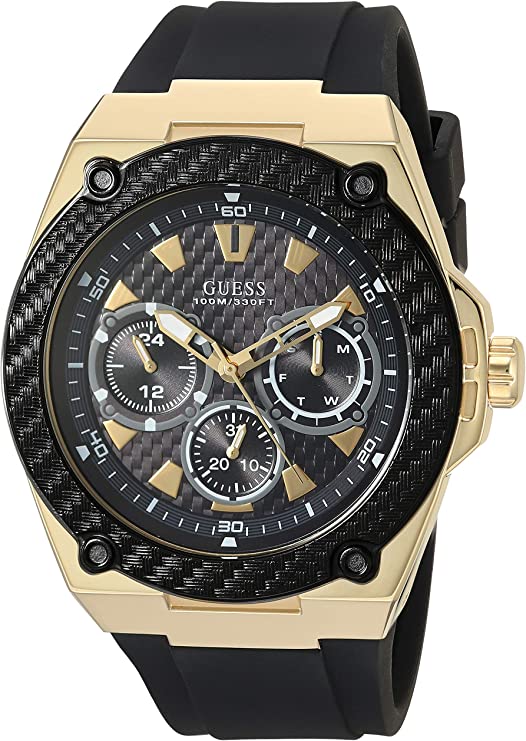 GUESS Comfortable Black Stain Resistant Silicone Watch with Gold-Tone Day, Date + 24 Hour Military/Int'l Time. Color: Black (Model: U1049G5)